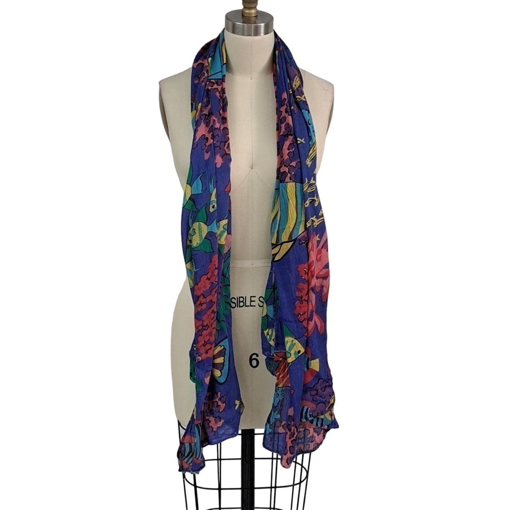 Large Colorful Cotton Aquatic scarf Fish Coral Design Sarong - Picture 2 of 2